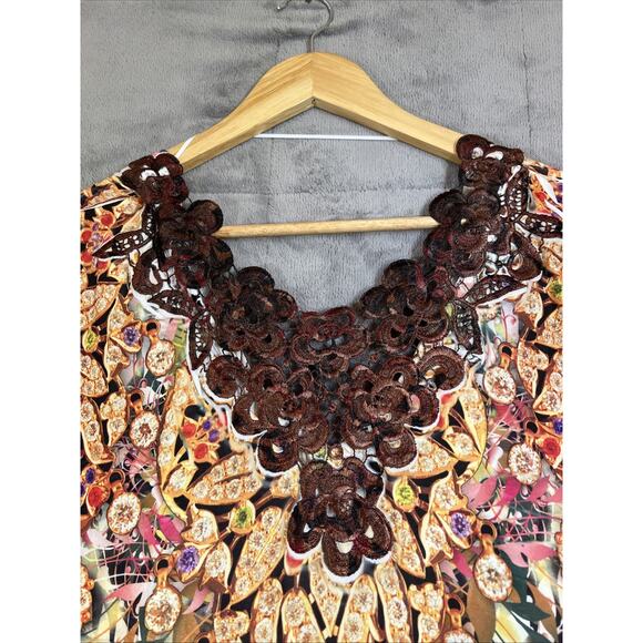 Energe Tunic 2X Multi Paisley Flutter Sleeve V Neck Back Lace Studded Boho Arty - Picture 4 of 12